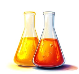 Glowing Chemical Flasks in Cartoon Art with Sunlit Lighting and White Background