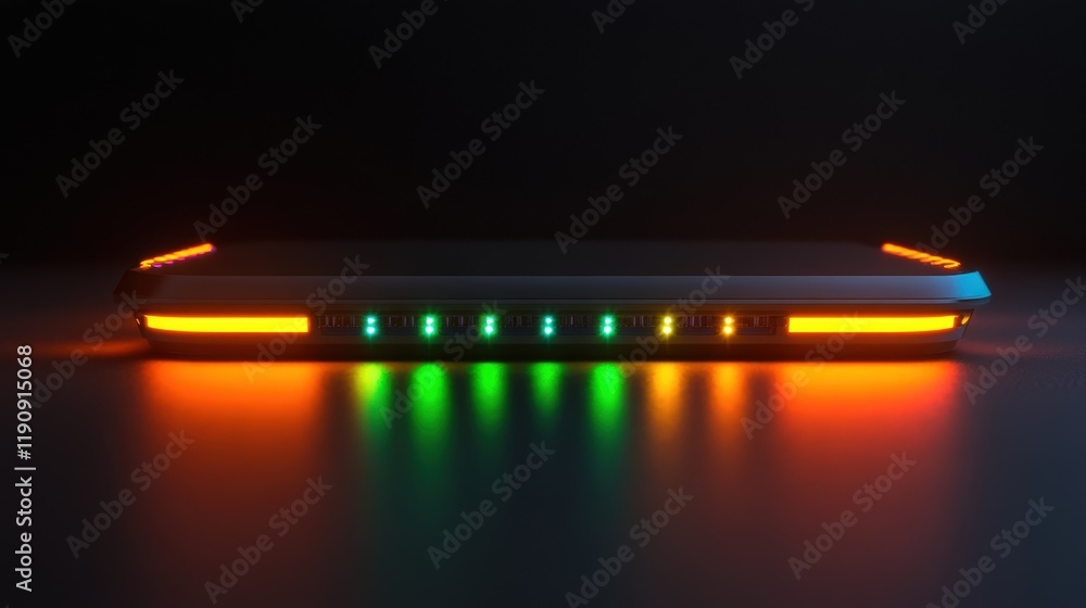 Poster futuristic device featuring glowing led lights, illuminating a dark room and creating a vibrant, hig