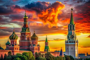 Fototapeta premium Moscow Kremlin Silhouette: Vodovzvodnaya Tower & Nativity Church at Sunset