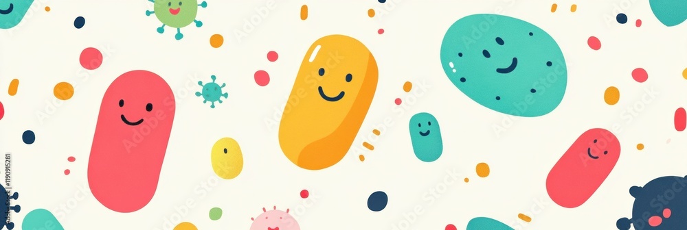 Leinwandbilder Smiling cartoon microbes in a colorful background enjoying a playful and cheerful atmosphere in a whimsical setting. Generative AI