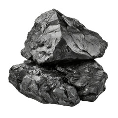 Obraz premium A close-up image shows two rough, dark grey anthracite coal rocks isolated against a black background.