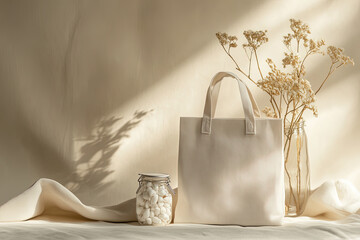 Minimalistisches Arrangement aus wiederverwendbaren Alltagsgegenständen: Baumwolltaschen und Bienenwachstücher auf hellem beigem Hintergrund, mit sanftem Licht