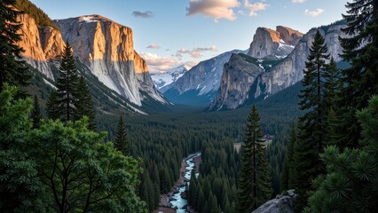 A serene river meanders through dense pine forests, curving gently amidst nature's tranquility. Sunlight filters through towering pines, casting dappled shadows on the water’s surface