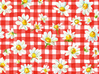 vintage watercolor floral pattern with gingham background, vibrant springtime bouquet design for weddings and invitations