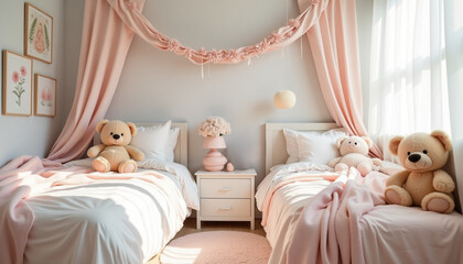 Charming children's bedroom with two beds, soft pink decor, and cuddly teddy bears
