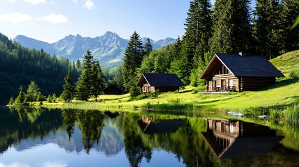Serene mountain landscape with wooden cabins reflecting in a tranquil lake surrounded by lush greenery