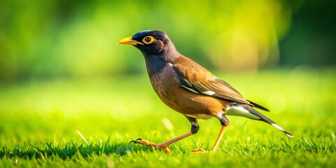 Fototapeta premium Myna Bird Walking on Lush Green Grass - Aerial View Stock Photo
