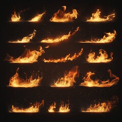 realistic flames with glowing embers, isolated on a black background.