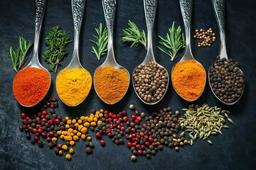 Various herbs and spices for cooking background with copy space. 