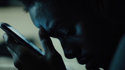 Person experiencing distress while holding head and staring at phone, reflecting modern challenges and emotional struggles in the digital age.