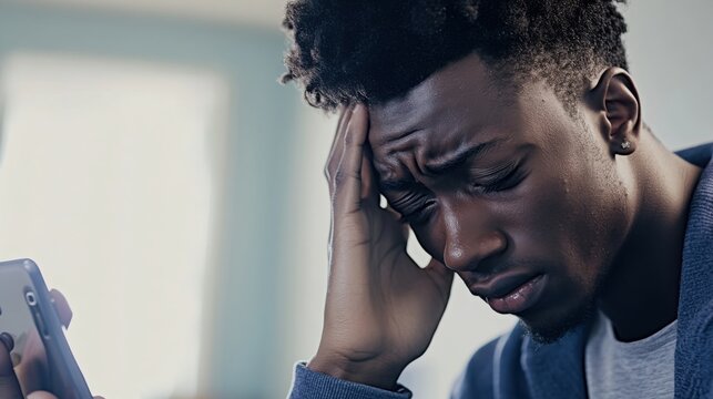 Person experiencing distress while holding head and staring at phone, reflecting modern challenges and emotional struggles in the digital age.