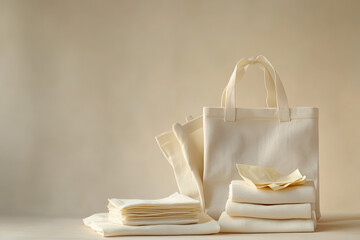 Minimalistisches Arrangement aus wiederverwendbaren Alltagsgegenständen: Baumwolltaschen und Bienenwachstücher auf hellem beigem Hintergrund, mit sanftem Licht