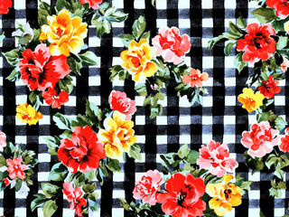 Obraz premium vintage watercolor floral pattern with gingham background, vibrant springtime bouquet design for weddings and invitations