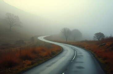 Fototapeta premium A foggy road winding through highland meadows on a chilly autumn dawn. Generative AI