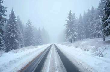 Obraz premium A highland road blanketed in heavy snowfall during a cloudy winter day. Generative AI