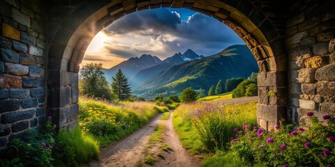 Mysterious Stone Archway Entrance to Mountain Tunnel, Lush Green Grass, Wildflowers Path