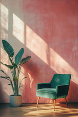 a minimalistic interior with a green velvet armchair and a potted tropical plant, soft pink textured wall, natural sunlight casting dramatic shadows, modern and cozy home decor, contemporary design