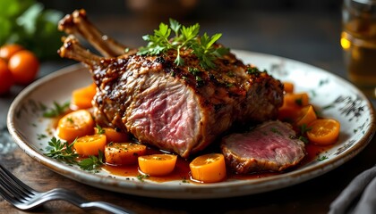 Fototapeta premium Roasted Lamb Rack with Glazed Apricots: A Rustic Gourmet Dish