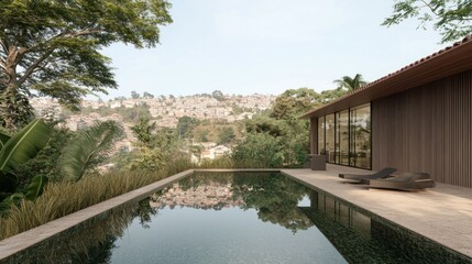 Fototapeta premium Modern House with Infinity Pool Overlooking Hillside Neighborhood in a Serene Setting