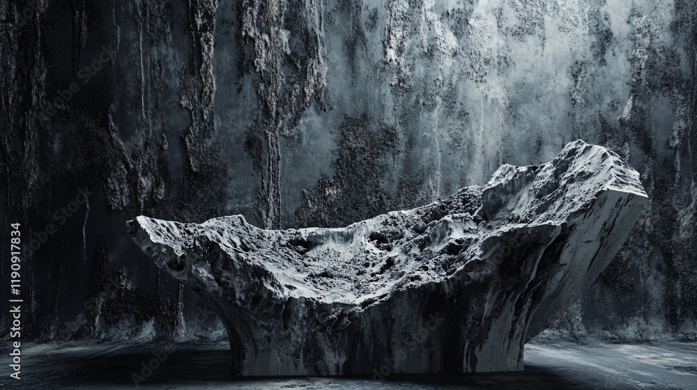 Poster stone platform resembling a boat floating in a dark, textured space