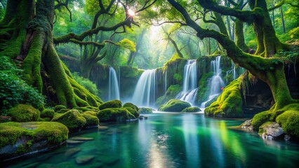 Fototapeta premium Mystical Forest Waterfall: Serene Mossy Trees & Tranquil Pool Stock Photo