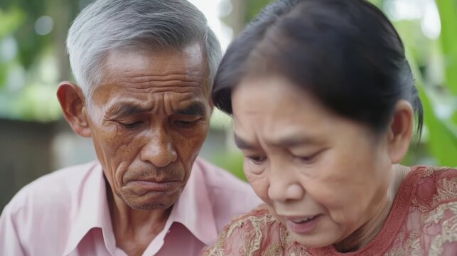 Senior couple looking worried at documents, discussing financial planning or legal matters, reflecting concerns about future security and decision-making.