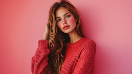 portrait of a young woman with long flowing hair and rosy cheeks, wearing a cozy red sweater, soft pink background, vibrant and warm tones, relaxed and confident expression, beauty photography 