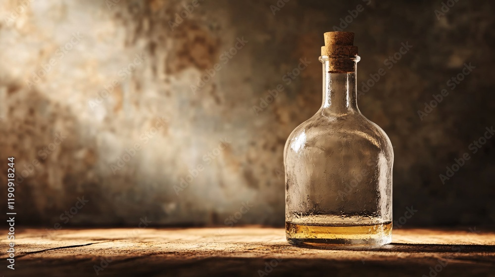 Aufkleber almost empty bottle of liquor resting on wooden table in cellar