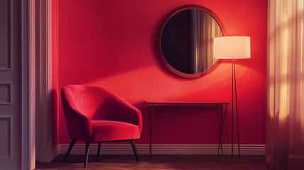 minimalistic interior design featuring a red accent wall, a plush red armchair with ribbed upholstery, a round mirror with a metallic frame, a wooden side table with drawers, a modern floor lamp  