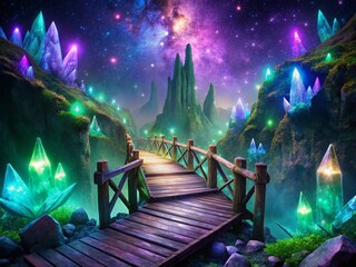 Mystical Purple Night Sky, Glowing Crystals, Rustic Wooden Bridge Fantasy Scene Stock Photo