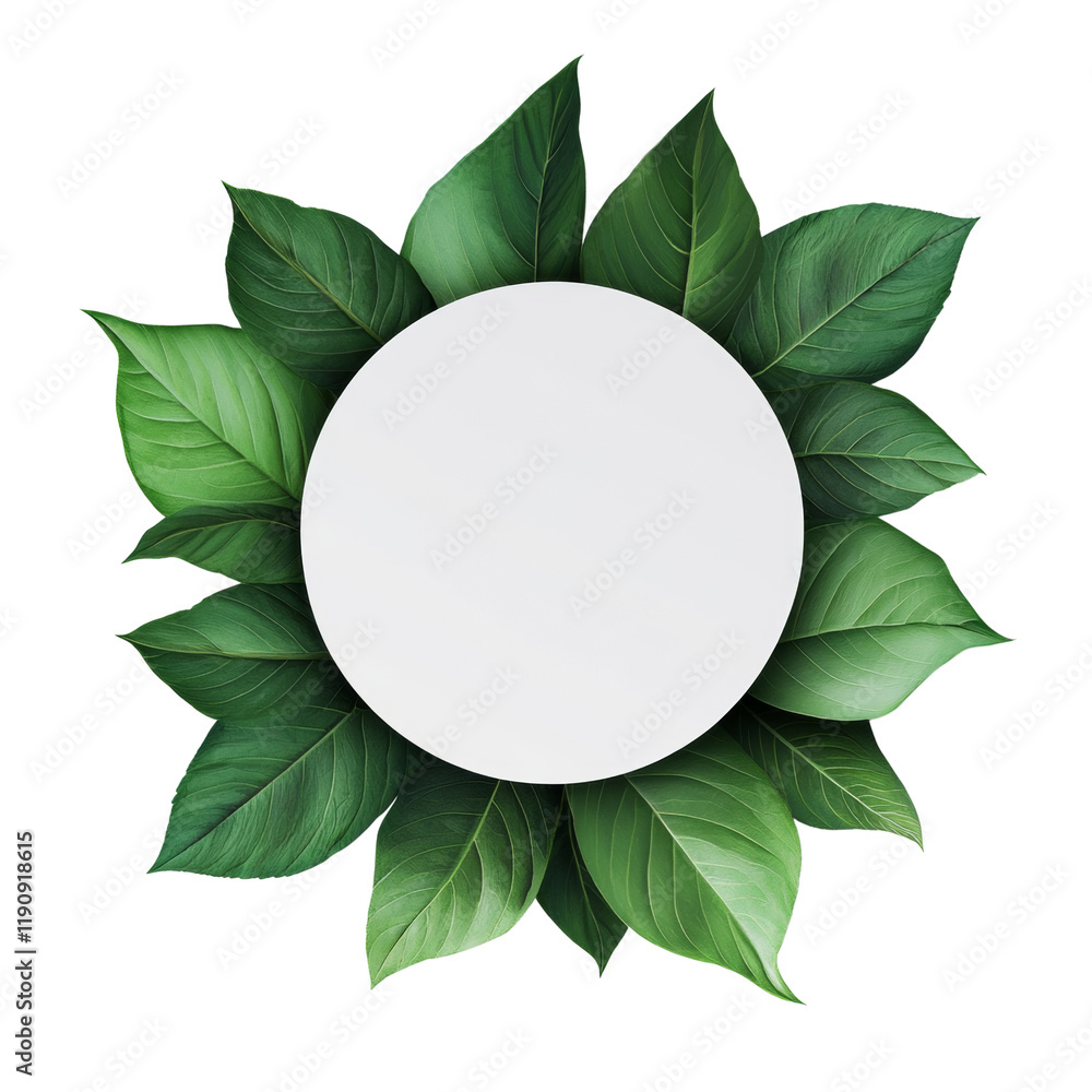 Poster a white circle is centered within a frame of vibrant green leaves providing a natural background or 