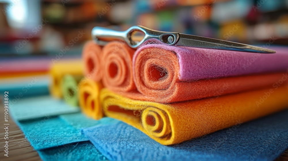 Poster colorful felt sheets stacked with scissors on a textured surface in a crafting workspace