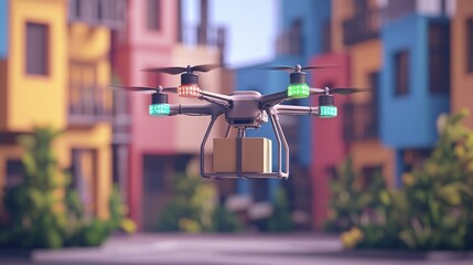 Obraz premium A drone carrying a package flies through a colorful urban landscape, showcasing modern delivery technology in a vibrant setting.