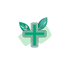 Obraz premium A stylized green cross symbol flanked by two leaves signifying natural and herbal medicine or healthcare.