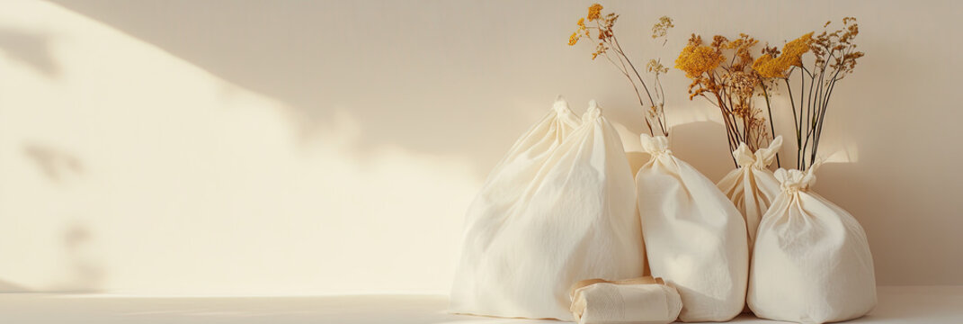 Minimalistisches Arrangement aus wiederverwendbaren Alltagsgegenst&auml;nden: Baumwolltaschen und Bienenwachst&uuml;cher auf hellem beigem Hintergrund, mit sanftem Licht
