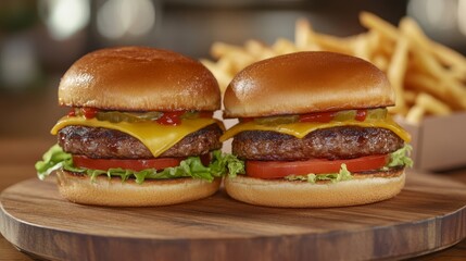 Indulge yourself in classic American hamburgers that come loaded with rich cheddar cheese, crisp and fresh lettuce, juicy tomatoes, and crispy French friesperfect for your next satisfying meal