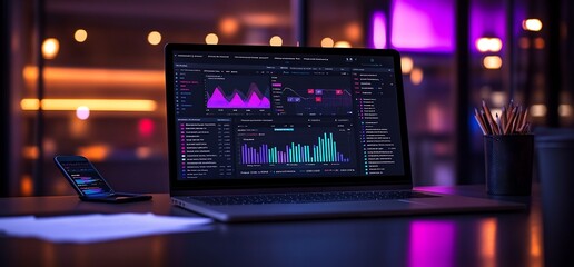 Nighttime laptop displaying data graphs, blurred city lights in background