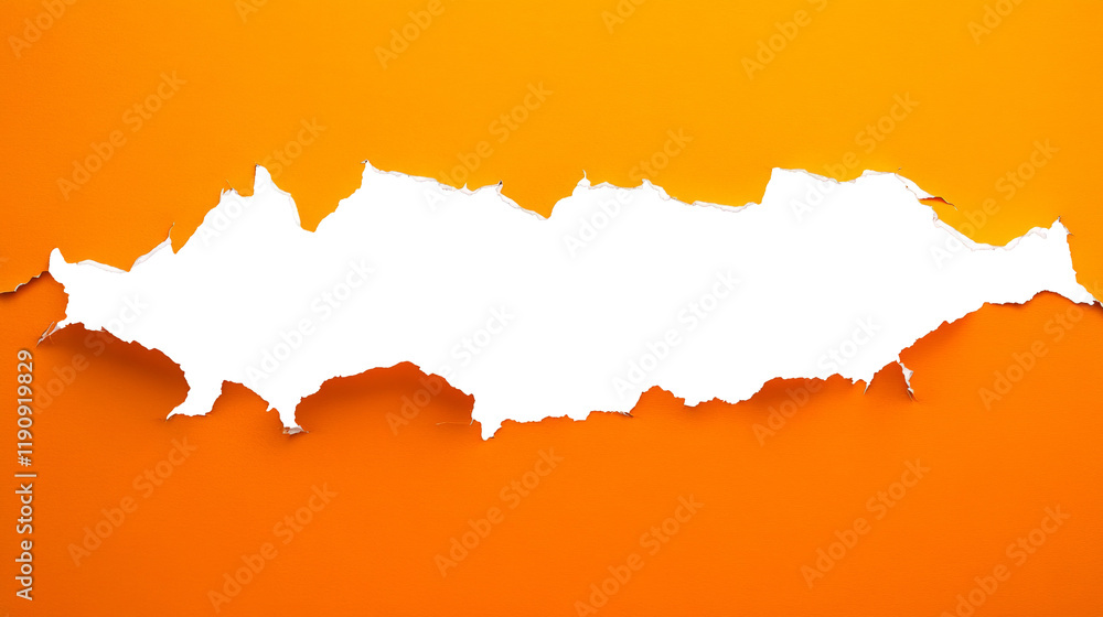 Poster a horizontally oriented image shows an orange paper with a jaggedly ripped section revealing a black
