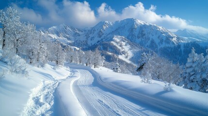 Winter landscape featuring a snowy mountain road under a blue sky