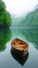 Misty lake with a wooden boat reflecting on calm waters at dawn