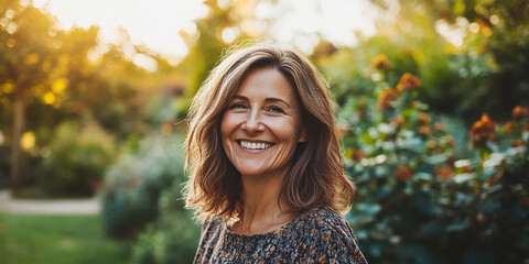 Smiling woman enjoying a sunny day in a garden