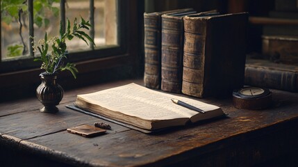 Open book, pen, and antique compass resting on rustic wooden desk