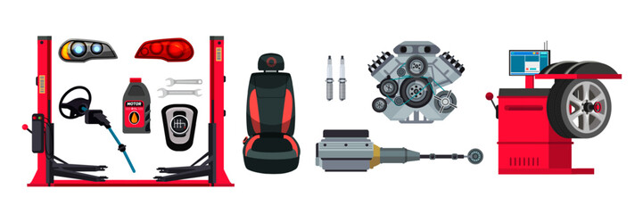 Car spare part, equipment for repair and diagnostic set. Computer, lift, tire, steering wheel, engine, plug, automotive body, wrench kit, auto oil flask, seat, lights, reduction axle.