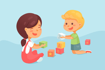 Kids playing with cubes vector illustration. Little children learning ABC, letters and numbers. Cartoon boy, girl stacking pyramid. Cute siblings busy with creative thinking development game.