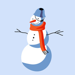 A cheerful snowman, adorned with a blue hat and an orange scarf, stands against a light blue background, embodying the spirit of winter celebrations and holiday joy.