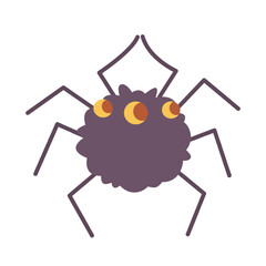 A cartoon spider with a round, fluffy body features three large eyes and six legs. The design is simple and colorful, showcasing bold, vibrant colors that attract attention.