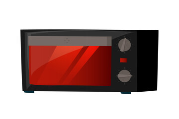 Obraz premium A microwave oven sits on a kitchen countertop, featuring a sleek black exterior and a bright red interior. The appliance's knobs and buttons indicate its user-friendly controls.