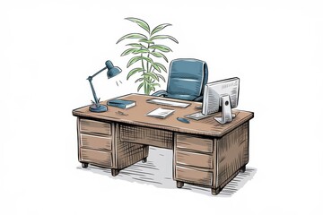 A neat office desk with a computer plant and lamp