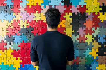 Man solving colorful puzzle on wall in indoor space