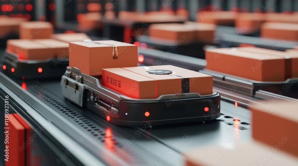 Poster automated guided vehicles - agvs - are transporting cardboard boxes on a conveyor belt in a modern, 